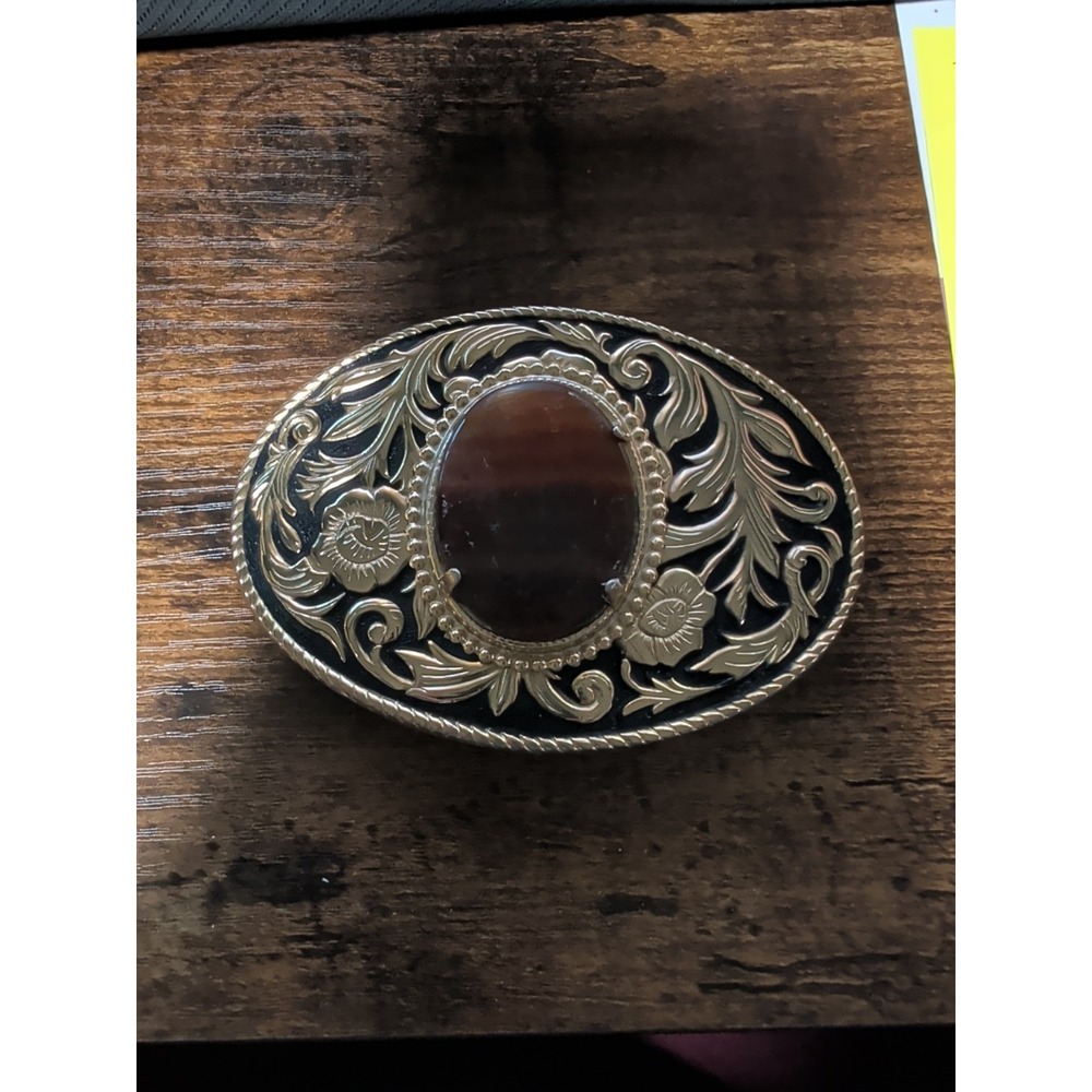 Vintage Gold‎ Plated Western Belt Buckle Floral Black Enamel Brazilian Agate